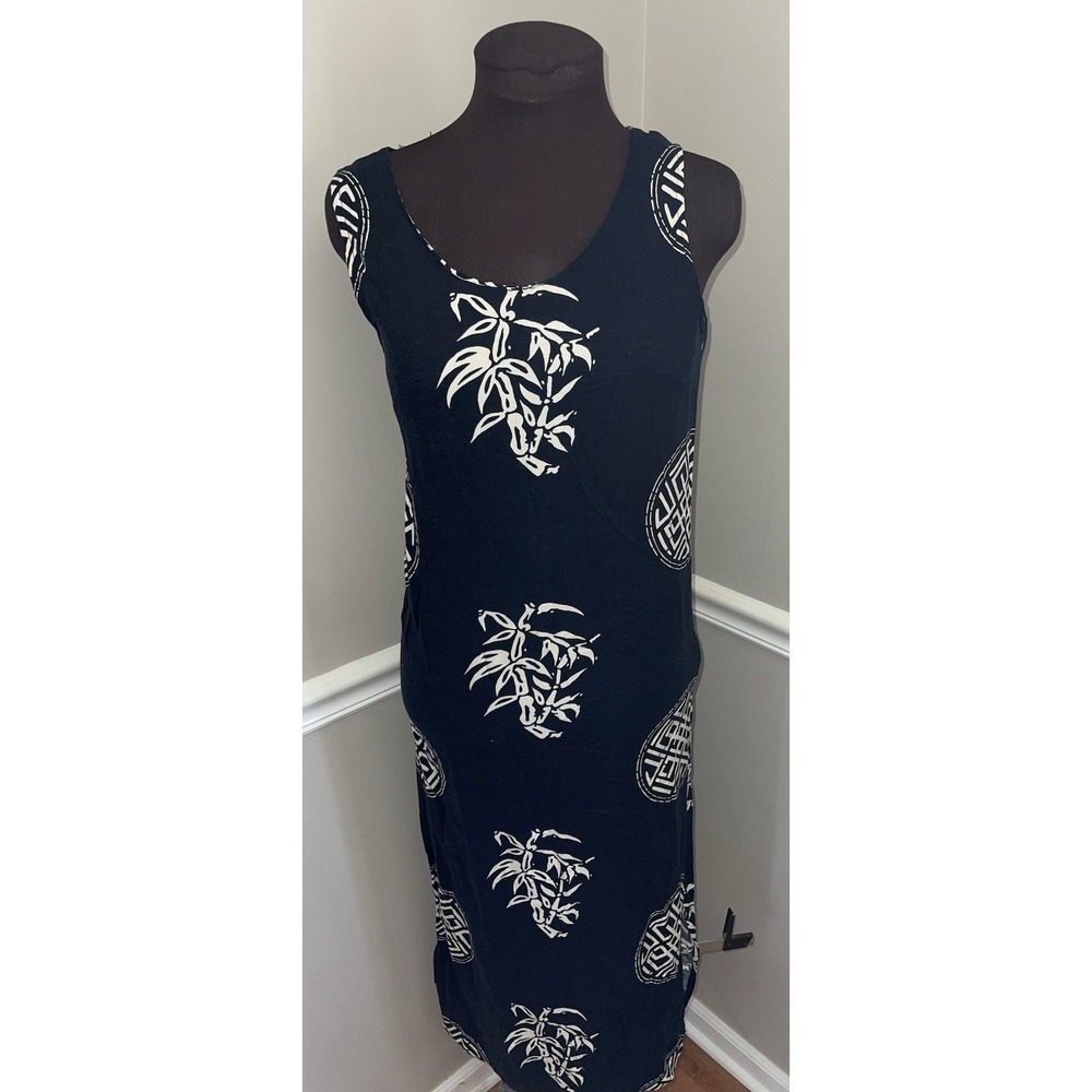 Vintage Dalin Collection Black Linen Rayon Bamboo Maxi‎ Dress Small 90s Boho